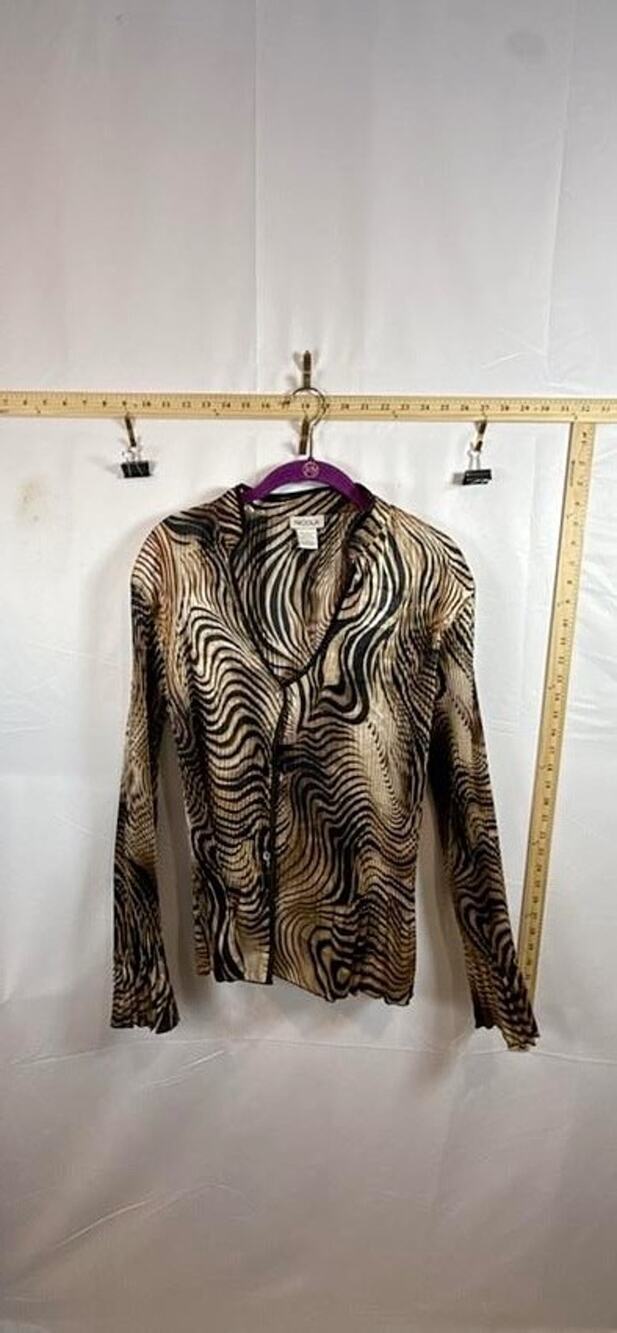 Nicola Vintage Y2K Sheer Zebra Blouse Accordion Pleat Mesh Shirt Brown Black L